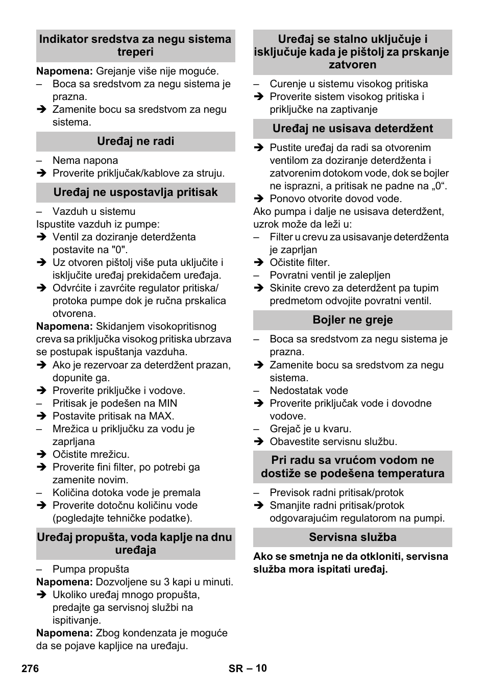 Indikator sredstva za negu sistema treperi, Uređaj ne radi, Uređaj ne uspostavlja pritisak | Uređaj propušta, voda kaplje na dnu uređaja, Uređaj ne usisava deterdžent, Bojler ne greje, Servisna služba | Karcher HDS-E 8-16-4 M 36 KW User Manual | Page 276 / 344