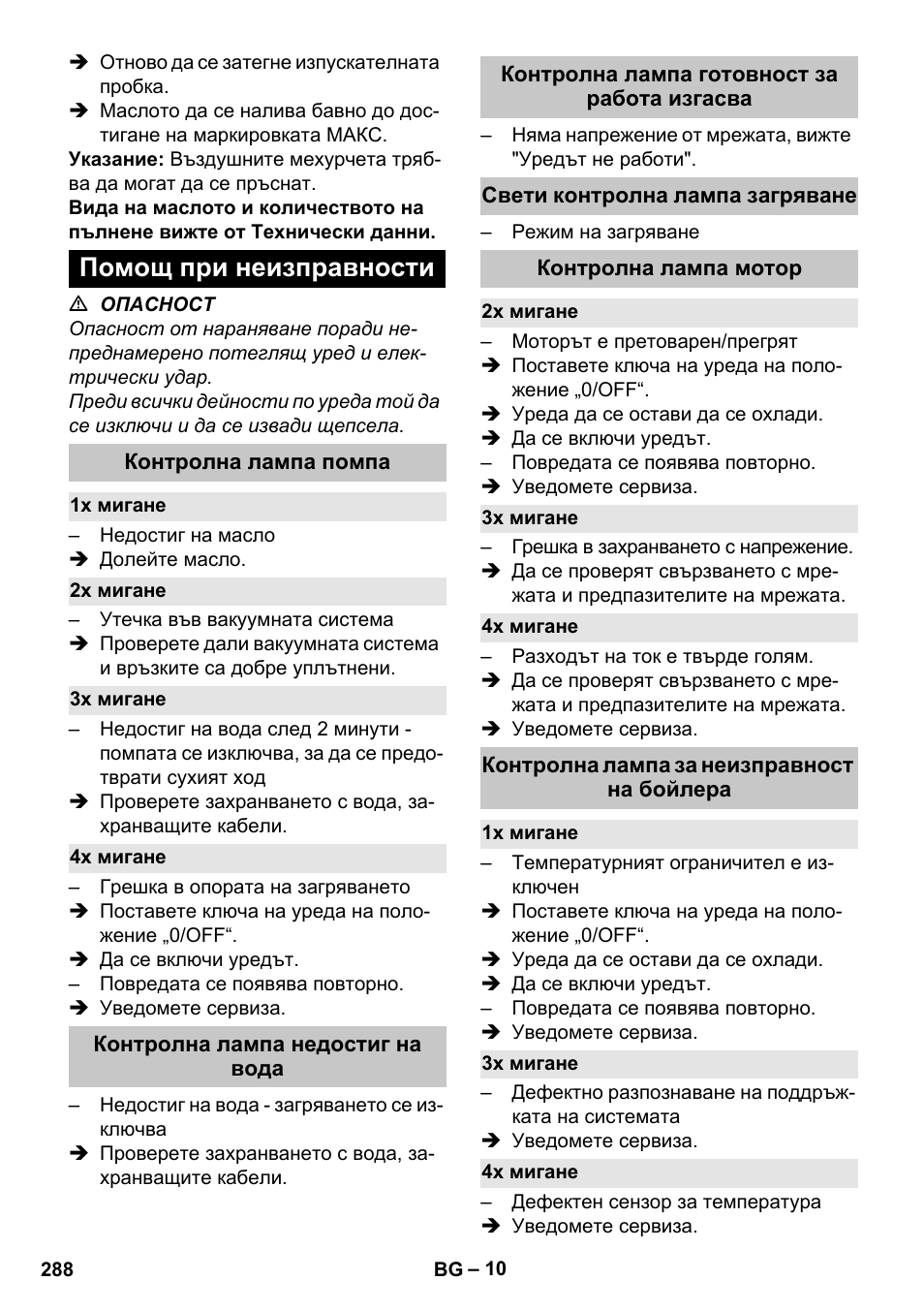 Помощ при неизправности, Контролна лампа помпа, 1x мигане | 2x мигане, 3x мигане, 4x мигане, Контролна лампа недостиг на вода, Контролна лампа готовност за работа изгасва, Свети контролна лампа загряване, Контролна лампа мотор | Karcher HDS-E 8-16-4 M 36 KW User Manual | Page 288 / 344