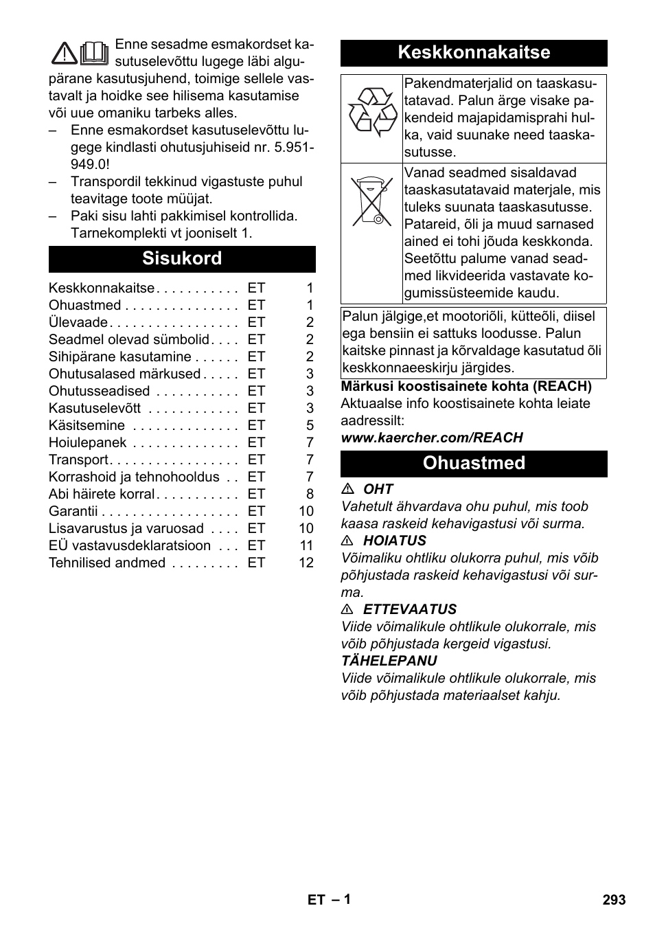 Eesti, Sisukord, Keskkonnakaitse | Ohuastmed | Karcher HDS-E 8-16-4 M 36 KW User Manual | Page 293 / 344