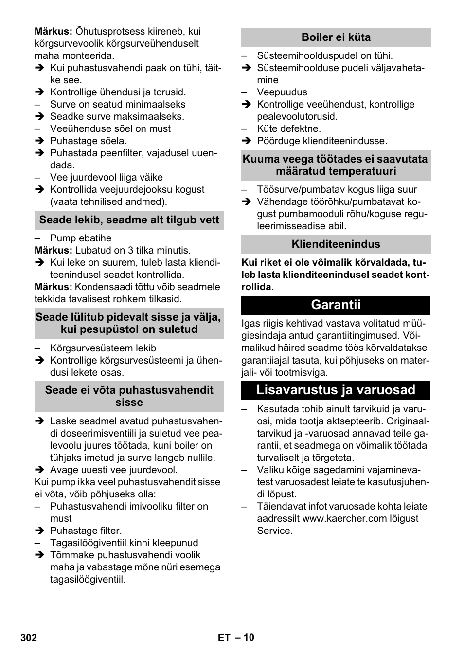 Seade lekib, seadme alt tilgub vett, Seade ei võta puhastusvahendit sisse, Boiler ei küta | Klienditeenindus, Garantii, Lisavarustus ja varuosad, Garantii lisavarustus ja varuosad | Karcher HDS-E 8-16-4 M 36 KW User Manual | Page 302 / 344