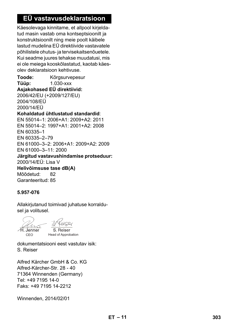 Eü vastavusdeklaratsioon | Karcher HDS-E 8-16-4 M 36 KW User Manual | Page 303 / 344