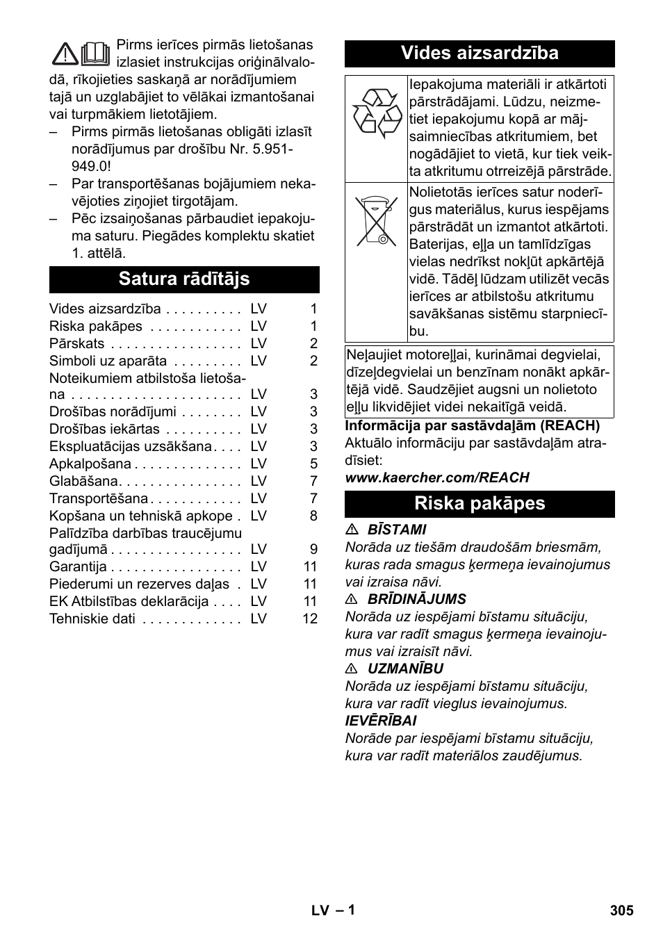 Latviešu, Satura rādītājs, Vides aizsardzība | Riska pakāpes | Karcher HDS-E 8-16-4 M 36 KW User Manual | Page 305 / 344