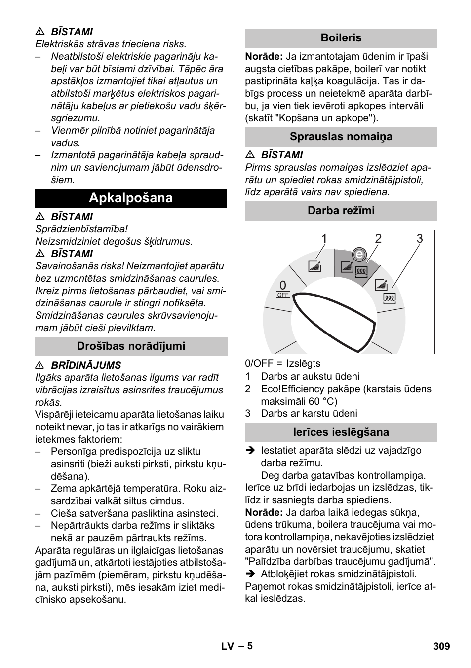 Apkalpošana, Drošības norādījumi, Boileris | Sprauslas nomaiņa, Darba režīmi, Ierīces ieslēgšana | Karcher HDS-E 8-16-4 M 36 KW User Manual | Page 309 / 344