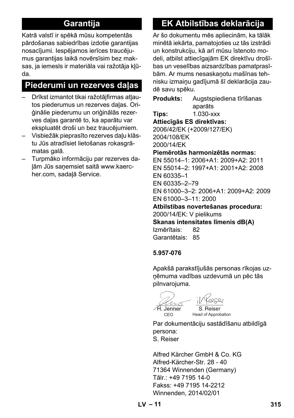 Garantija, Piederumi un rezerves daļas, Ek atbilstības deklarācija | Karcher HDS-E 8-16-4 M 36 KW User Manual | Page 315 / 344
