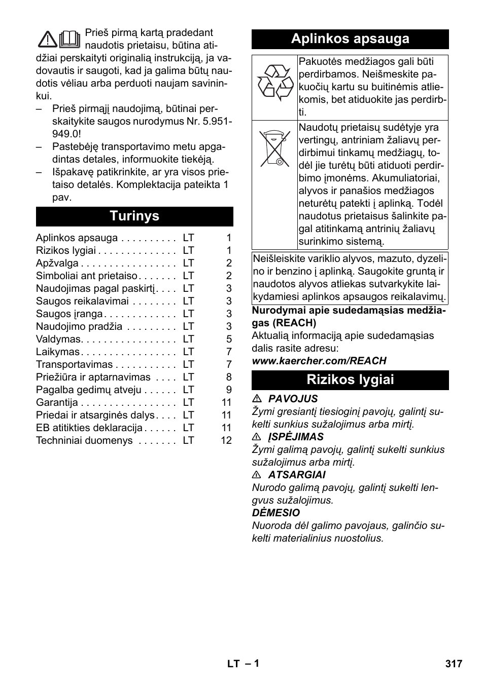 Lietuviškai, Turinys, Aplinkos apsauga | Rizikos lygiai | Karcher HDS-E 8-16-4 M 36 KW User Manual | Page 317 / 344
