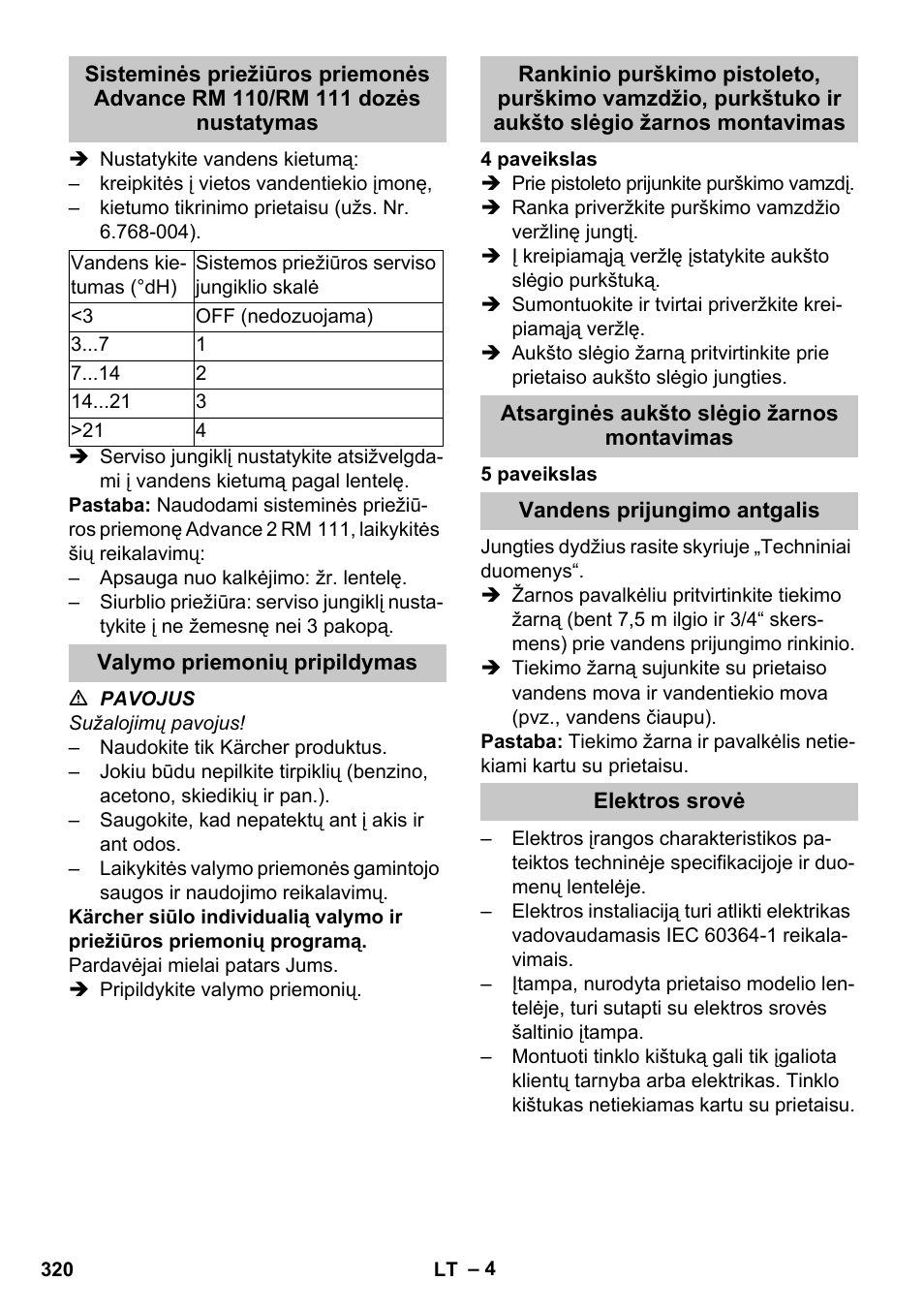 Valymo priemonių pripildymas, Atsarginės aukšto slėgio žarnos montavimas, Vandens prijungimo antgalis | Elektros srovė | Karcher HDS-E 8-16-4 M 36 KW User Manual | Page 320 / 344