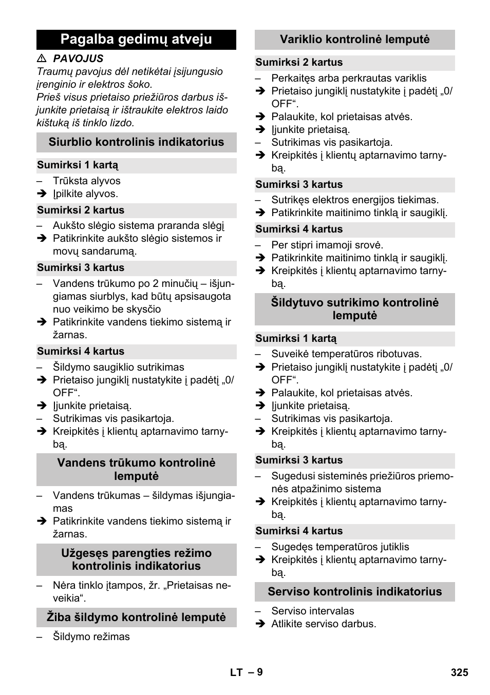 Pagalba gedimų atveju, Siurblio kontrolinis indikatorius, Sumirksi 1 kartą | Sumirksi 2 kartus, Sumirksi 3 kartus, Sumirksi 4 kartus, Vandens trūkumo kontrolinė lemputė, Užgesęs parengties režimo kontrolinis indikatorius, Žiba šildymo kontrolinė lemputė, Variklio kontrolinė lemputė | Karcher HDS-E 8-16-4 M 36 KW User Manual | Page 325 / 344