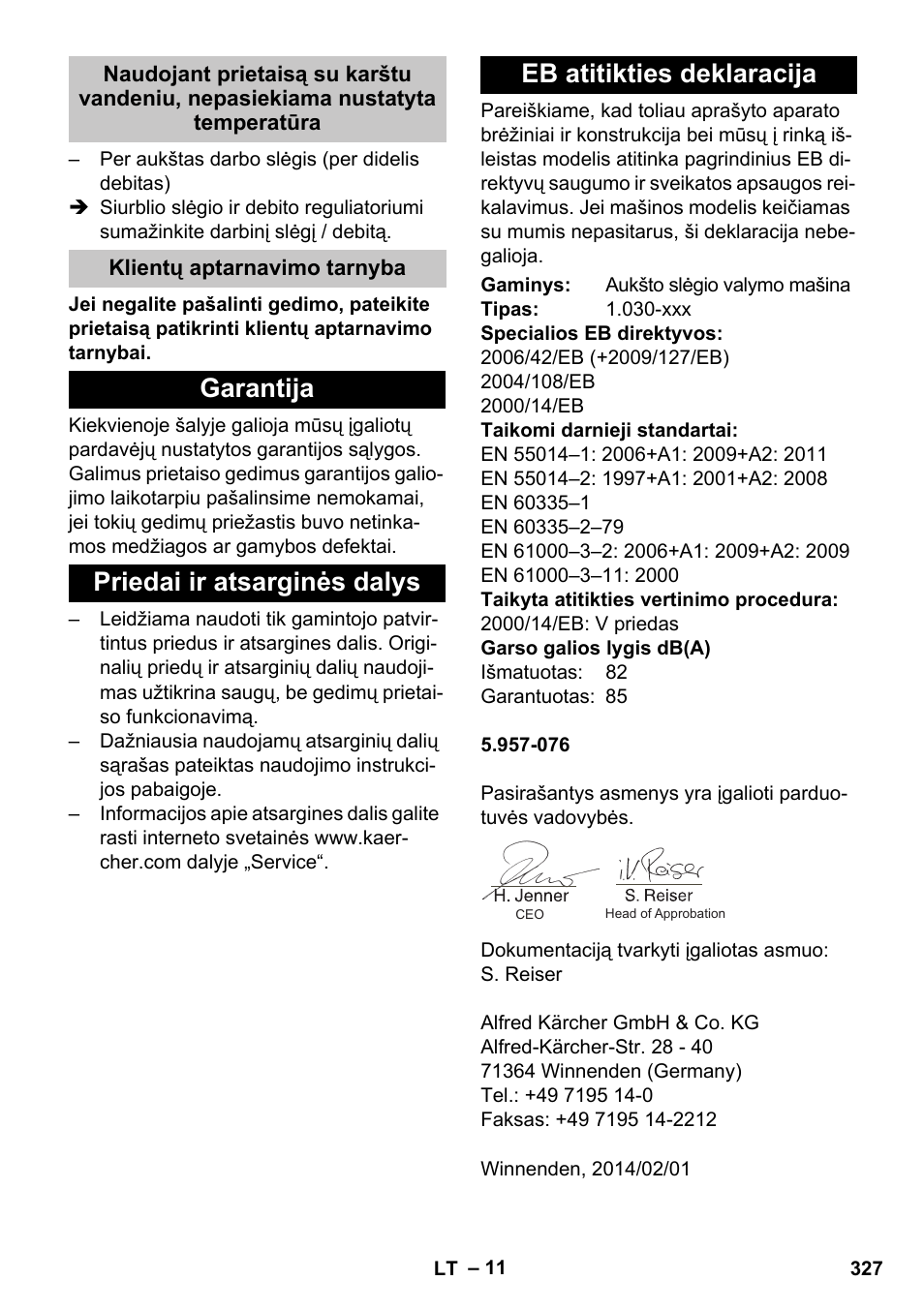 Klientų aptarnavimo tarnyba, Garantija, Priedai ir atsarginės dalys | Eb atitikties deklaracija | Karcher HDS-E 8-16-4 M 36 KW User Manual | Page 327 / 344