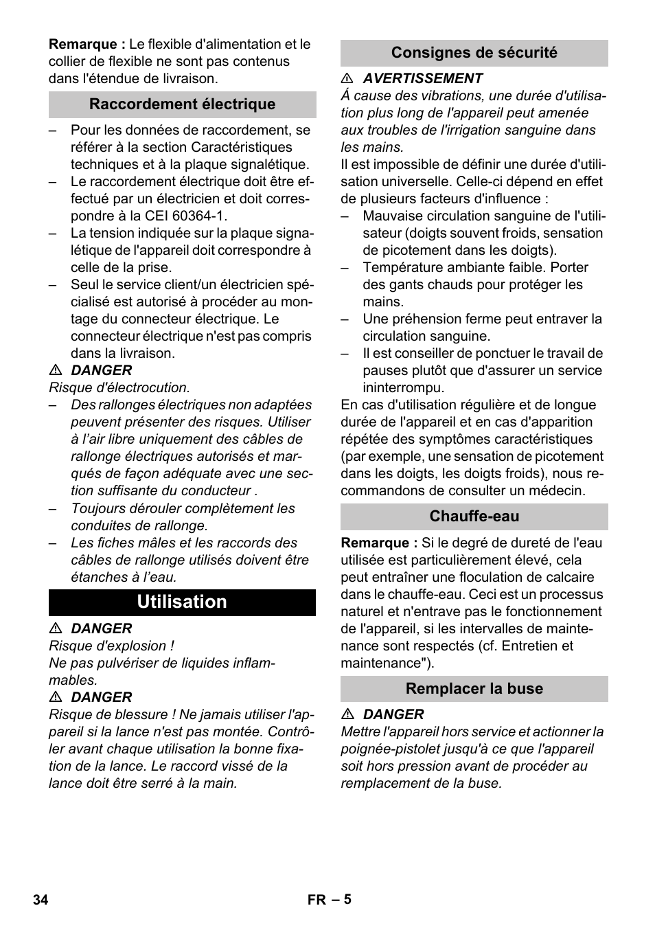 Raccordement électrique, Utilisation, Consignes de sécurité | Chauffe-eau, Remplacer la buse | Karcher HDS-E 8-16-4 M 36 KW User Manual | Page 34 / 344
