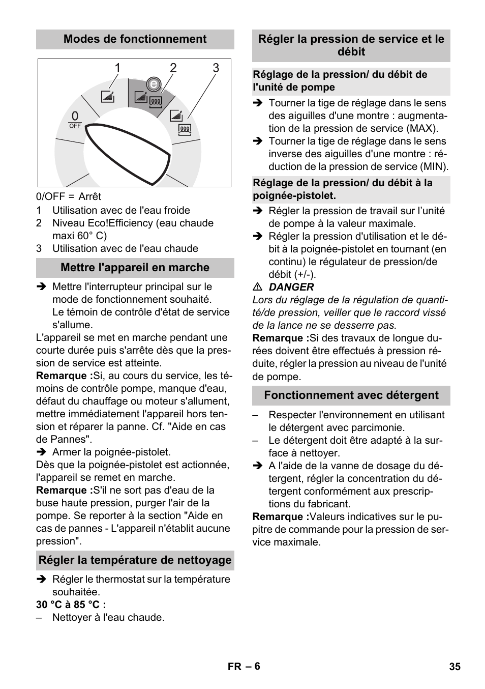 Modes de fonctionnement, Mettre l'appareil en marche, Régler la température de nettoyage | Régler la pression de service et le débit, Fonctionnement avec détergent | Karcher HDS-E 8-16-4 M 36 KW User Manual | Page 35 / 344