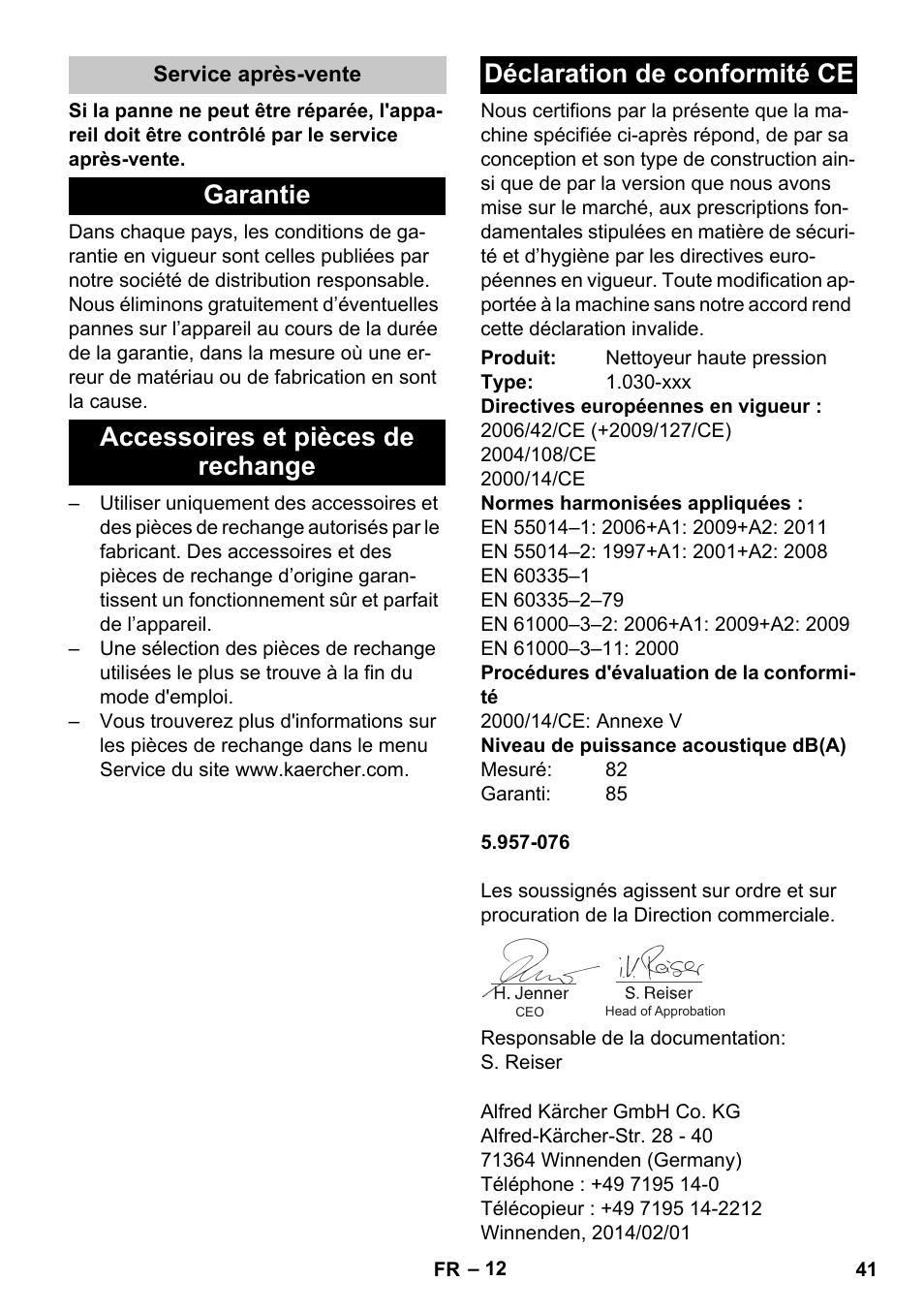Service après-vente, Garantie, Accessoires et pièces de rechange | Déclaration de conformité ce | Karcher HDS-E 8-16-4 M 36 KW User Manual | Page 41 / 344