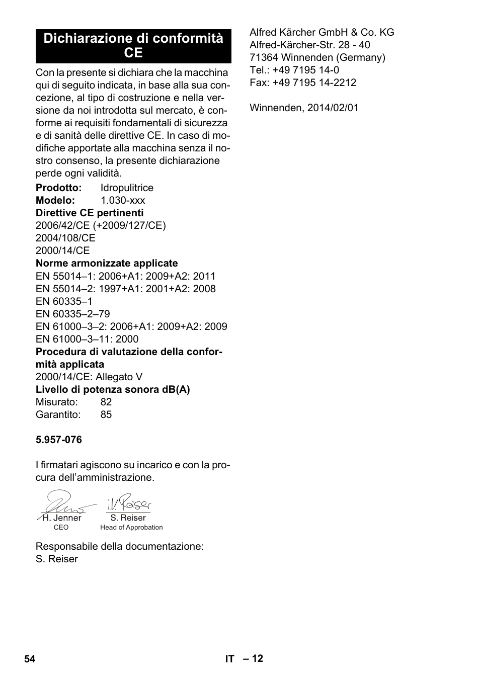 Dichiarazione di conformità ce | Karcher HDS-E 8-16-4 M 36 KW User Manual | Page 54 / 344