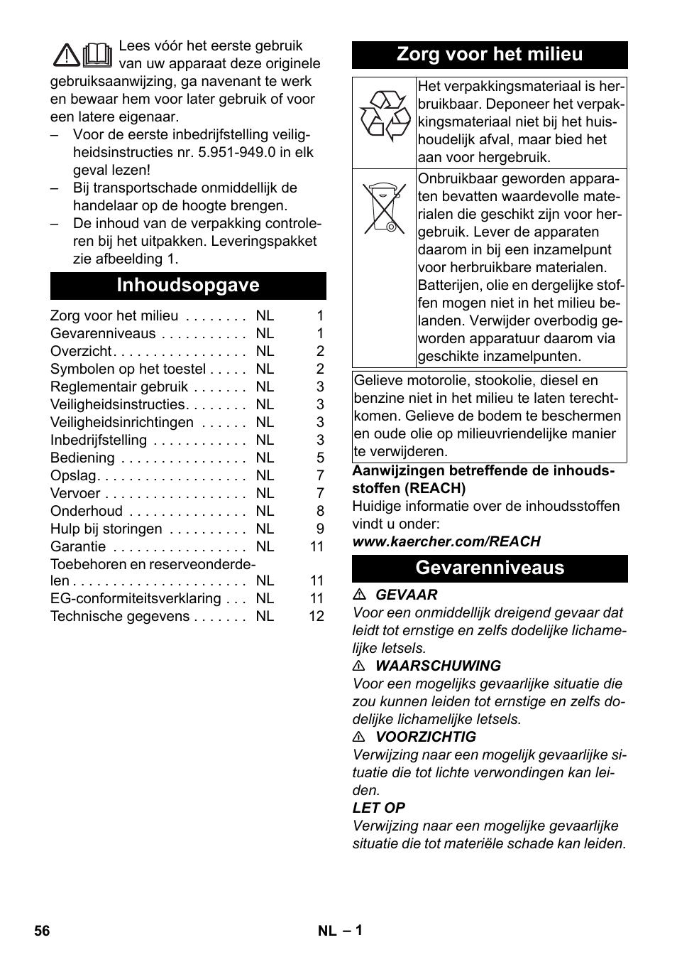 Nederlands, Inhoudsopgave, Zorg voor het milieu | Gevarenniveaus | Karcher HDS-E 8-16-4 M 36 KW User Manual | Page 56 / 344