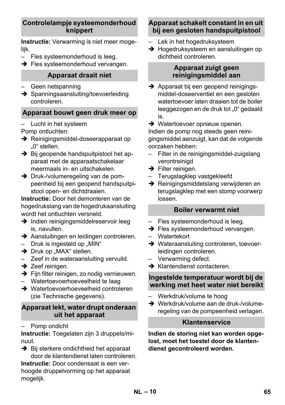 Controlelampje systeemonderhoud knippert, Apparaat draait niet, Apparaat bouwt geen druk meer op | Apparaat zuigt geen reinigingsmiddel aan, Boiler verwarmt niet, Klantenservice | Karcher HDS-E 8-16-4 M 36 KW User Manual | Page 65 / 344