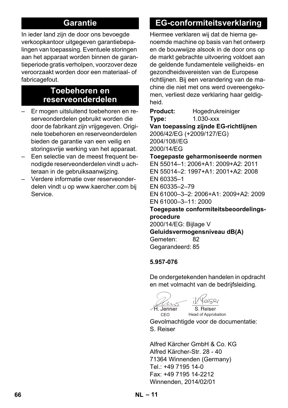 Garantie, Toebehoren en reserveonderdelen, Eg-conformiteitsverklaring | Karcher HDS-E 8-16-4 M 36 KW User Manual | Page 66 / 344
