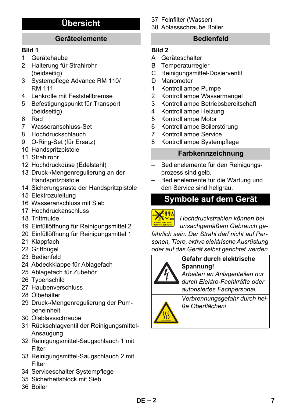 Übersicht, Geräteelemente, Bedienfeld | Farbkennzeichnung, Symbole auf dem gerät | Karcher HDS-E 8-16-4 M 36 KW User Manual | Page 7 / 344