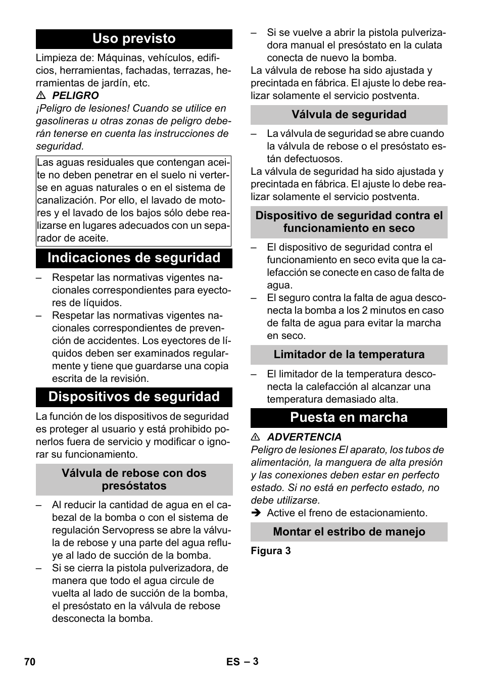 Uso previsto, Indicaciones de seguridad, Dispositivos de seguridad | Válvula de rebose con dos presóstatos, Válvula de seguridad, Limitador de la temperatura, Puesta en marcha, Montar el estribo de manejo | Karcher HDS-E 8-16-4 M 36 KW User Manual | Page 70 / 344
