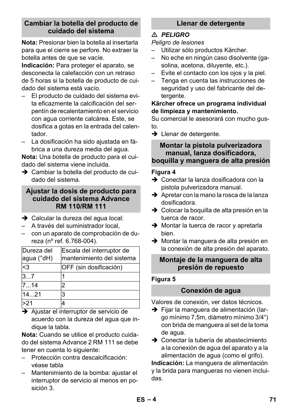 Llenar de detergente, Montaje de la manguera de alta presión de repuesto, Conexión de agua | Karcher HDS-E 8-16-4 M 36 KW User Manual | Page 71 / 344