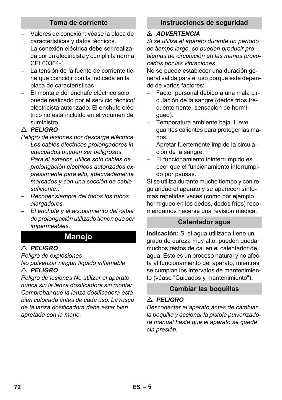 Toma de corriente, Manejo, Instrucciones de seguridad | Calentador agua, Cambiar las boquillas | Karcher HDS-E 8-16-4 M 36 KW User Manual | Page 72 / 344