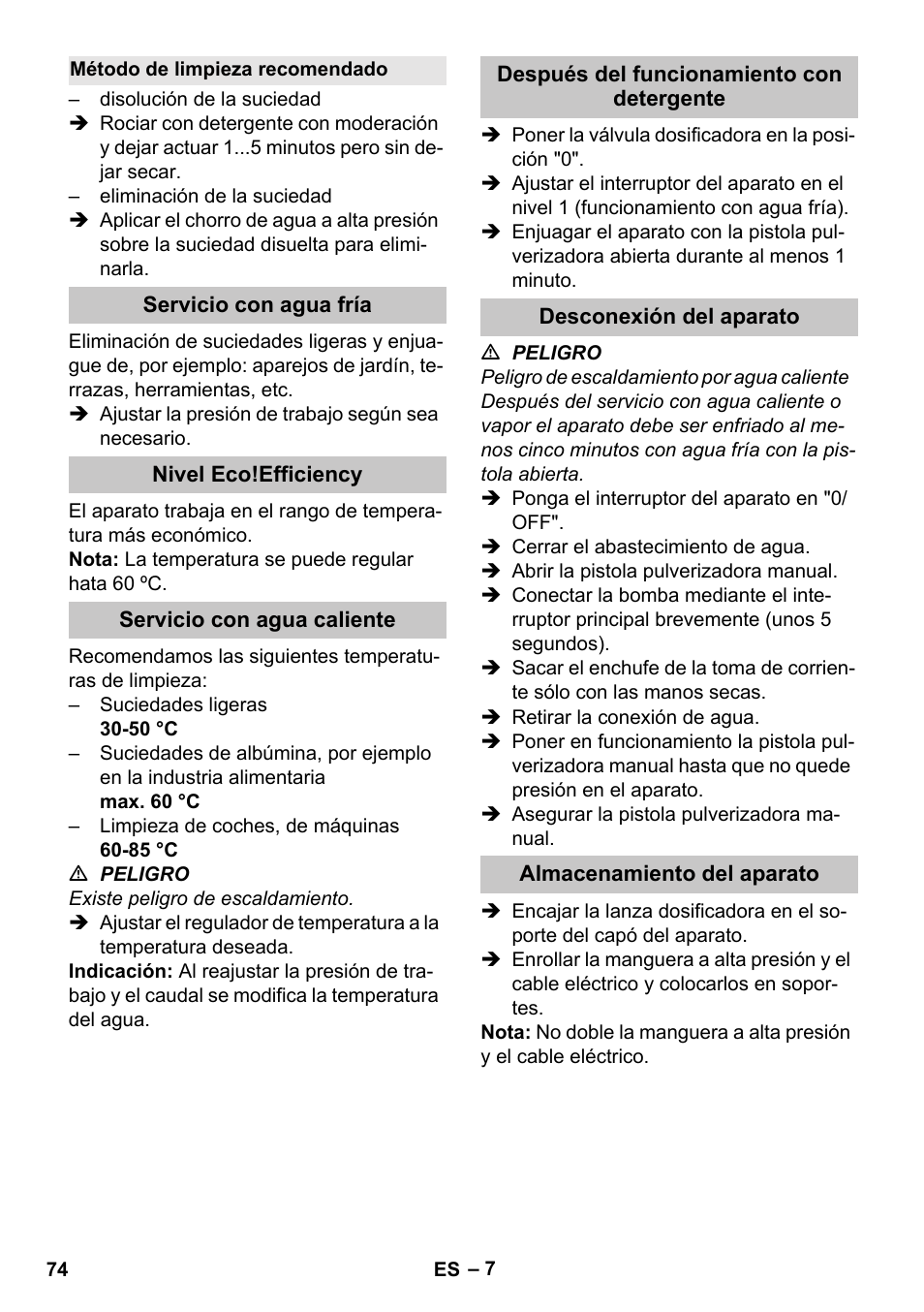 Método de limpieza recomendado, Servicio con agua fría, Nivel eco!efficiency | Servicio con agua caliente, Después del funcionamiento con detergente, Desconexión del aparato, Almacenamiento del aparato | Karcher HDS-E 8-16-4 M 36 KW User Manual | Page 74 / 344
