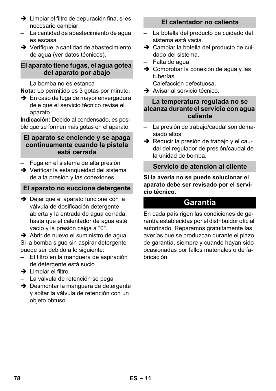 El aparato no succiona detergente, El calentador no calienta, Servicio de atención al cliente | Garantía | Karcher HDS-E 8-16-4 M 36 KW User Manual | Page 78 / 344