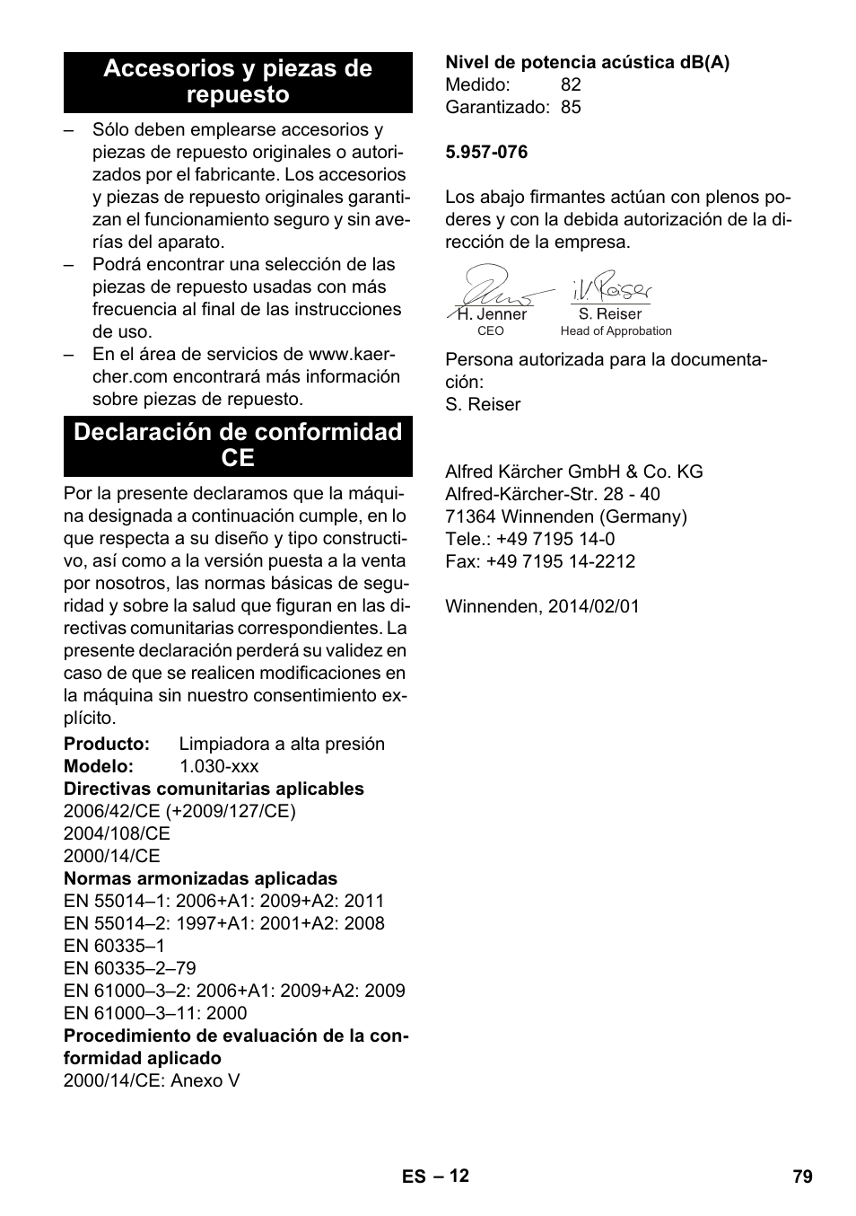 Accesorios y piezas de repuesto, Declaración de conformidad ce | Karcher HDS-E 8-16-4 M 36 KW User Manual | Page 79 / 344