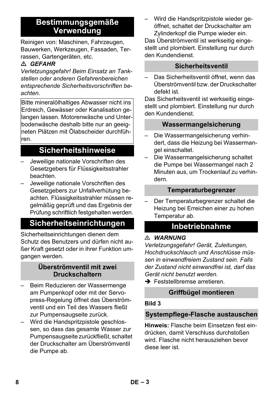 Bestimmungsgemäße verwendung, Sicherheitshinweise, Sicherheitseinrichtungen | Überströmventil mit zwei druckschaltern, Sicherheitsventil, Wassermangelsicherung, Temperaturbegrenzer, Inbetriebnahme, Griffbügel montieren, Systempflege-flasche austauschen | Karcher HDS-E 8-16-4 M 36 KW User Manual | Page 8 / 344