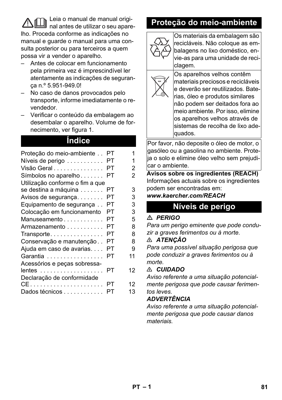 Português, Índice, Proteção do meio-ambiente | Níveis de perigo | Karcher HDS-E 8-16-4 M 36 KW User Manual | Page 81 / 344