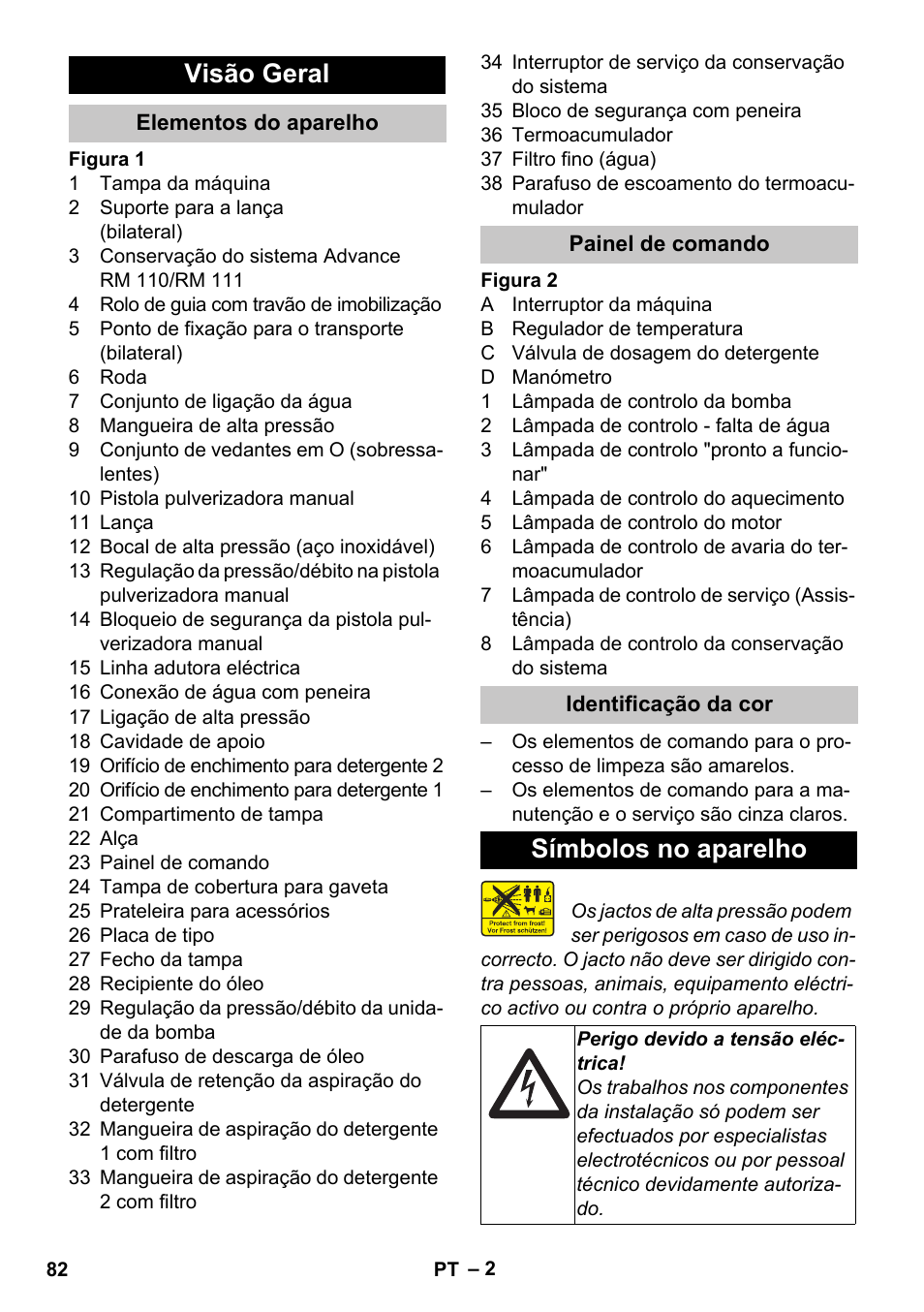 Visão geral, Elementos do aparelho, Painel de comando | Identificação da cor, Símbolos no aparelho | Karcher HDS-E 8-16-4 M 36 KW User Manual | Page 82 / 344