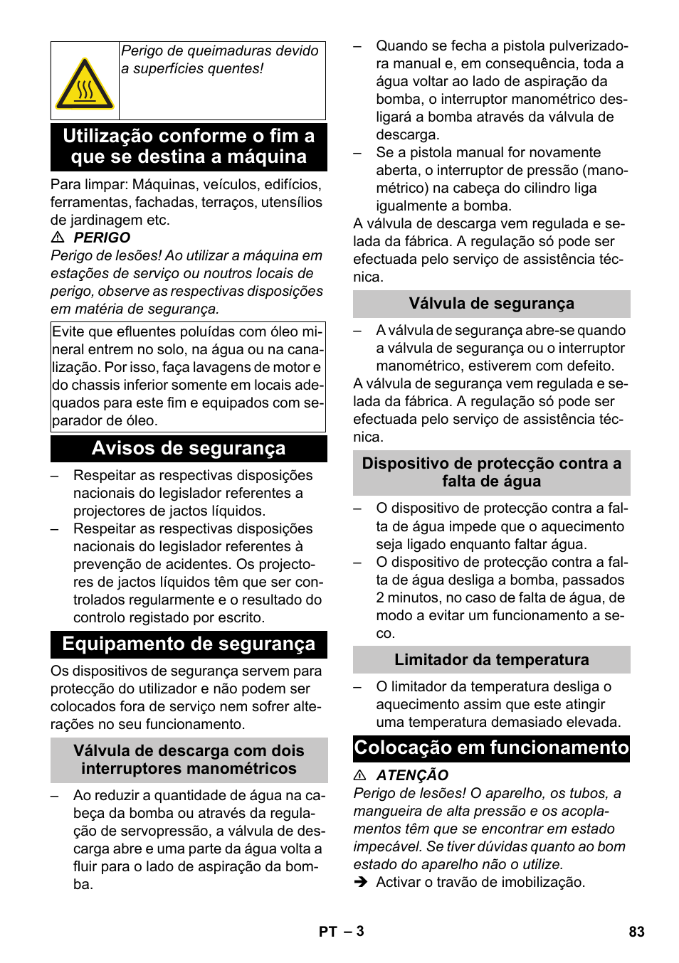Avisos de segurança, Equipamento de segurança, Válvula de segurança | Dispositivo de protecção contra a falta de água, Limitador da temperatura, Colocação em funcionamento, Avisos de segurança equipamento de segurança | Karcher HDS-E 8-16-4 M 36 KW User Manual | Page 83 / 344