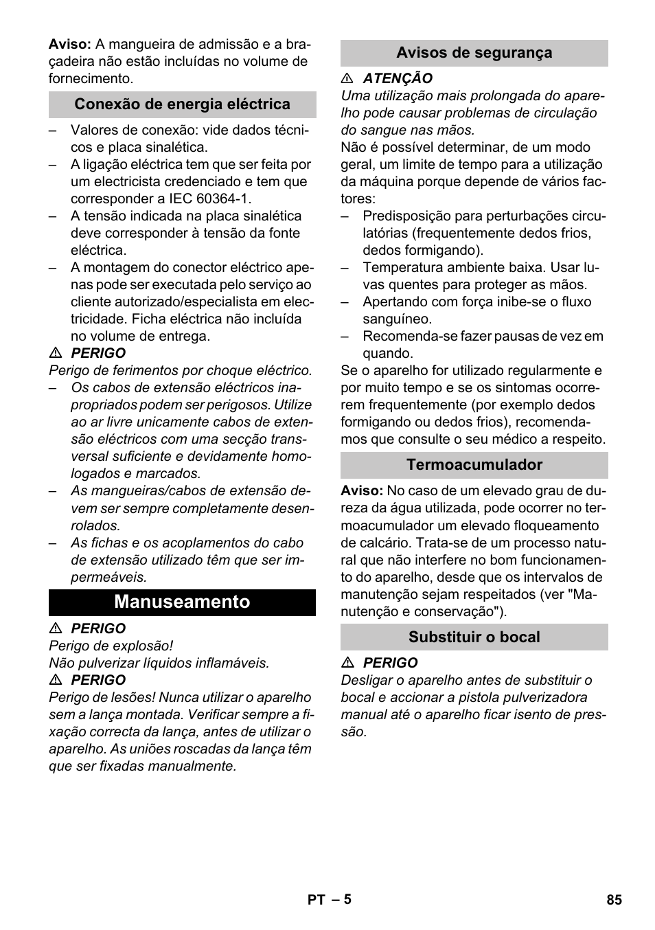 Conexão de energia eléctrica, Manuseamento, Avisos de segurança | Termoacumulador, Substituir o bocal | Karcher HDS-E 8-16-4 M 36 KW User Manual | Page 85 / 344