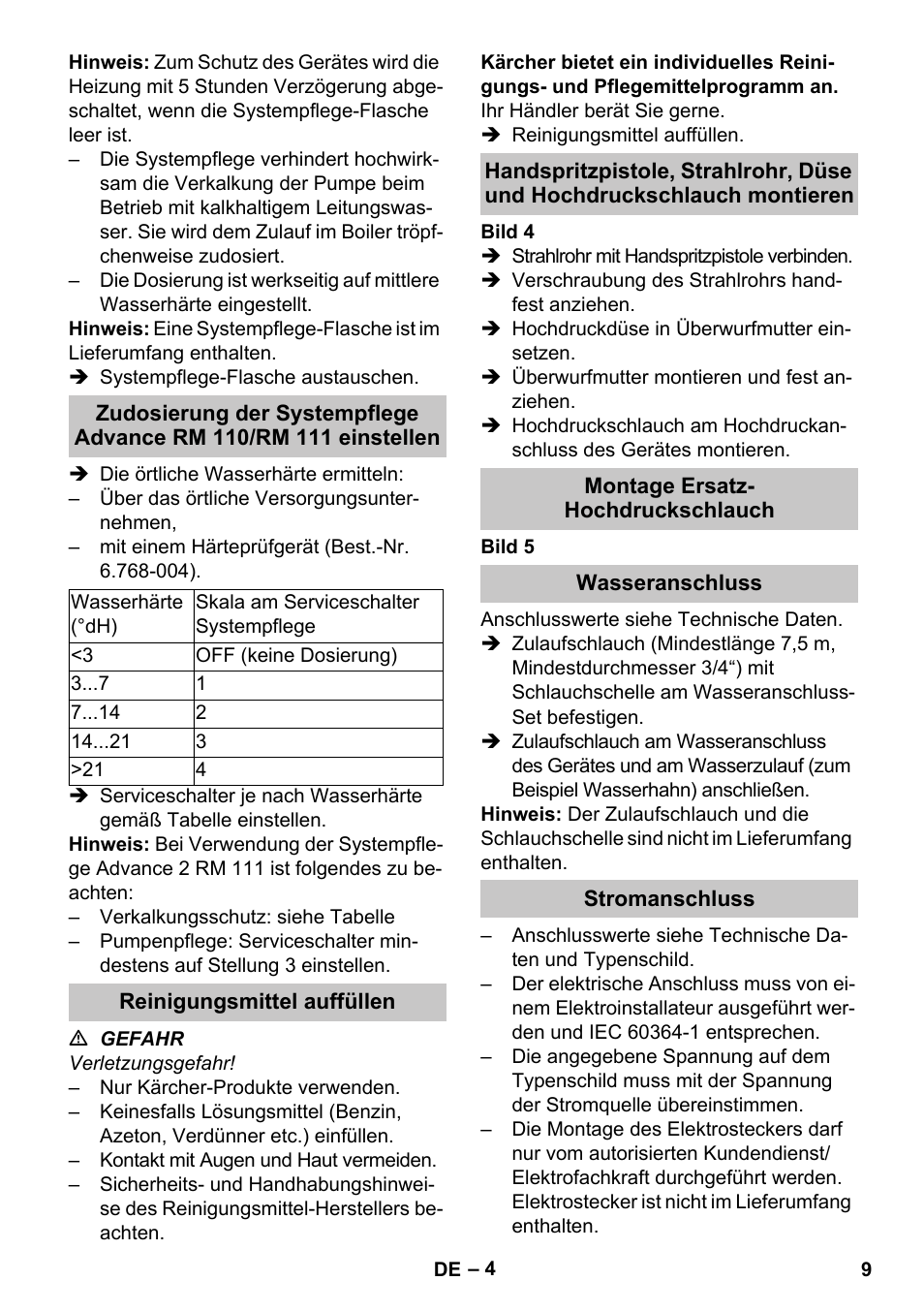Reinigungsmittel auffüllen, Montage ersatz- hochdruckschlauch, Wasseranschluss | Stromanschluss | Karcher HDS-E 8-16-4 M 36 KW User Manual | Page 9 / 344