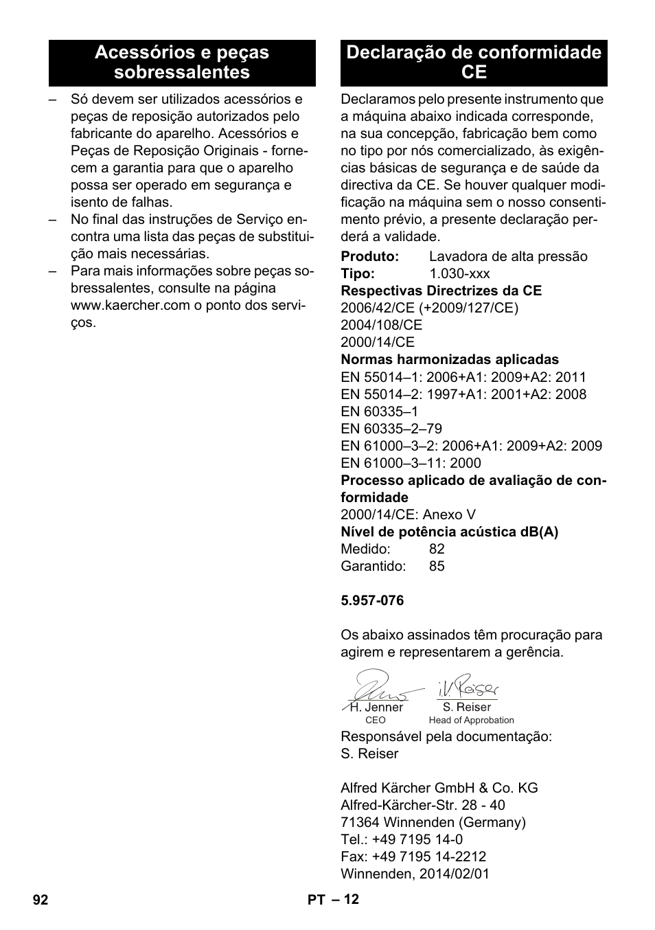 Acessórios e peças sobressalentes, Declaração de conformidade ce | Karcher HDS-E 8-16-4 M 36 KW User Manual | Page 92 / 344