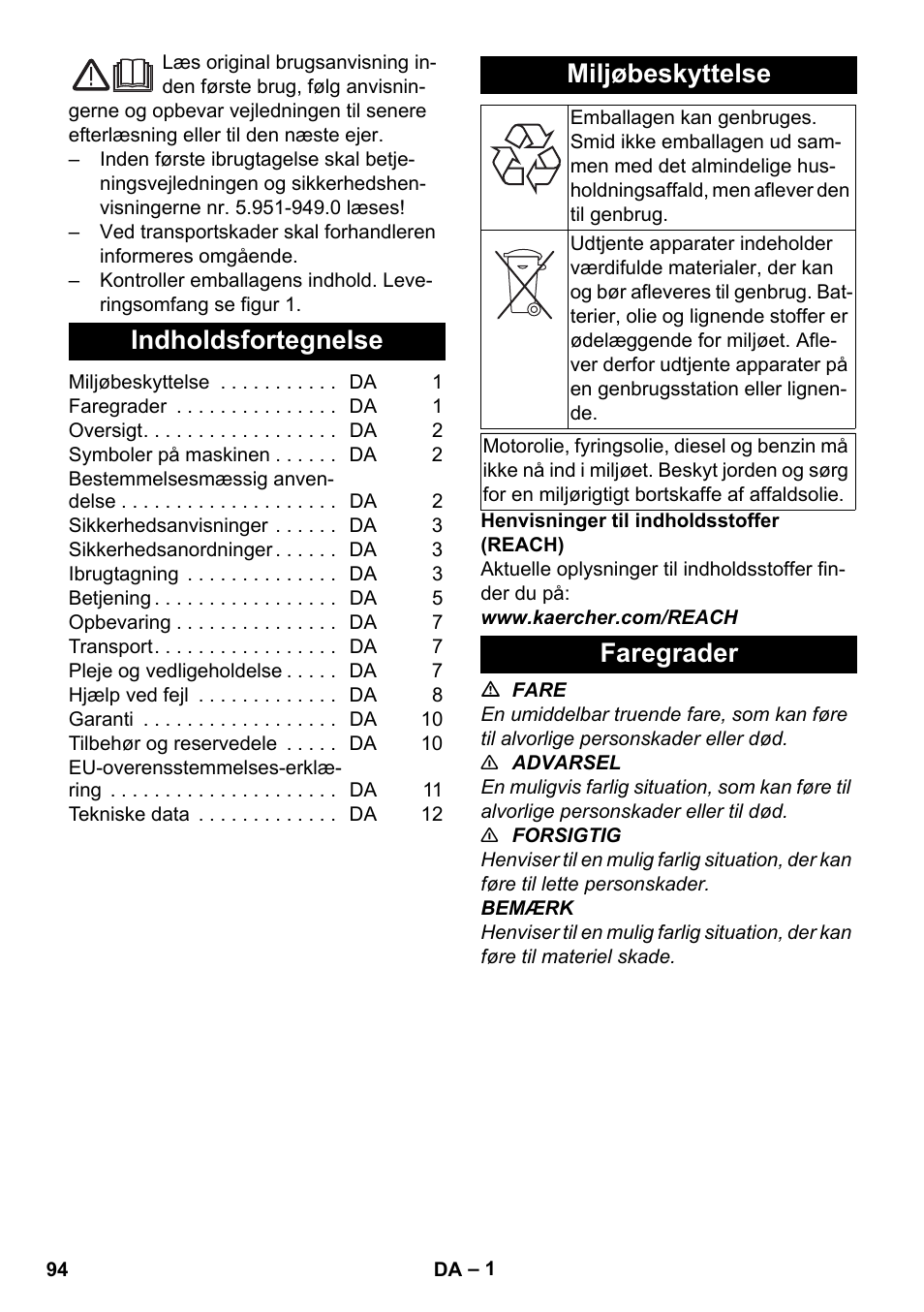 Dansk, Indholdsfortegnelse, Miljøbeskyttelse | Faregrader | Karcher HDS-E 8-16-4 M 36 KW User Manual | Page 94 / 344
