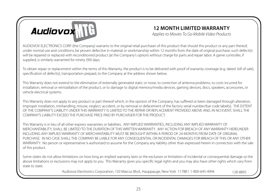 12 month limited warranty | Audiovox AVXMTG10U User Manual | Page 27 / 28
