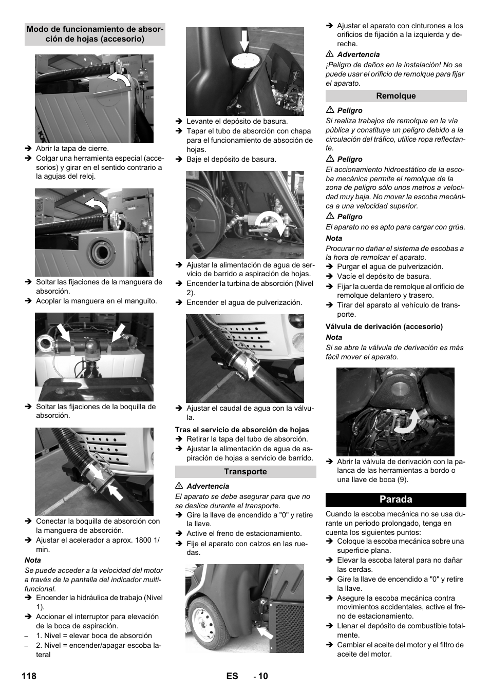 Tras el servicio de absorción de hojas, Transporte, Remolque | Válvula de derivación (accesorio), Parada | Karcher ICC 2 D ECO 2SB STAGE IIIa User Manual | Page 118 / 328