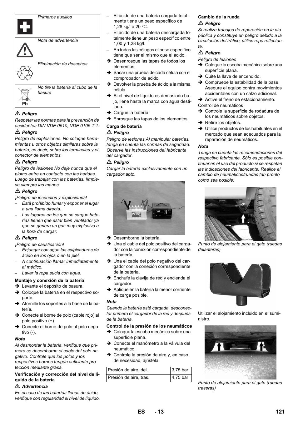 Montaje y conexión de la batería, Carga de batería, Control de la presión de los neumáticos | Cambio de la rueda | Karcher ICC 2 D ECO 2SB STAGE IIIa User Manual | Page 121 / 328
