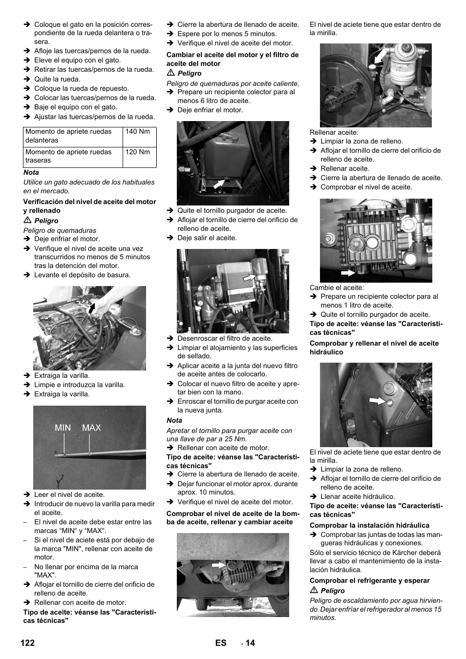Comprobar y rellenar el nivel de aceite hidráulico, Comprobar la instalación hidráulica, Comprobar el refrigerante y esperar | Karcher ICC 2 D ECO 2SB STAGE IIIa User Manual | Page 122 / 328