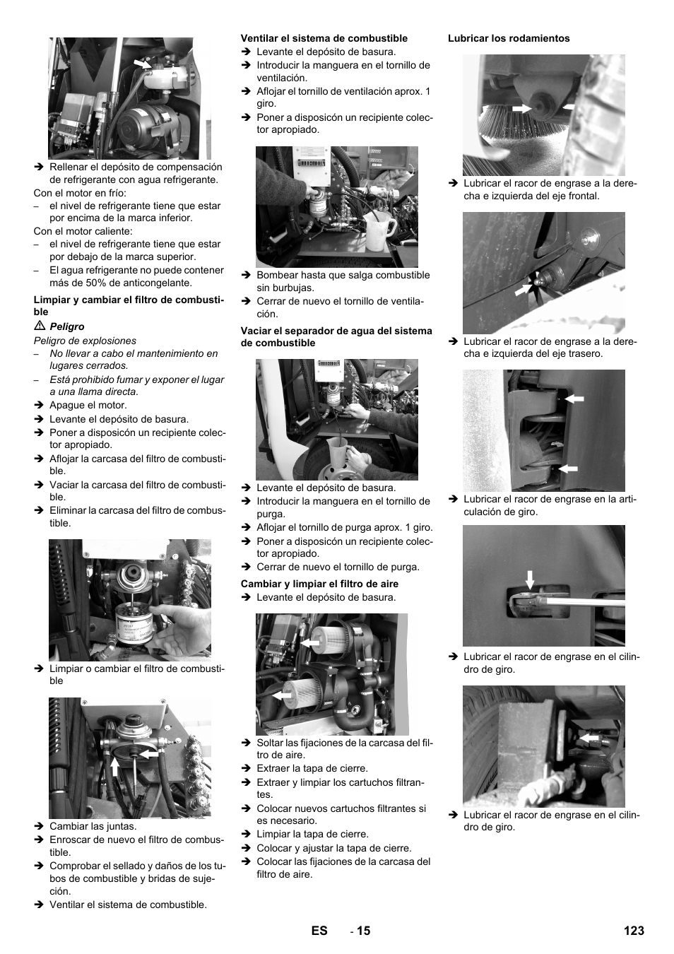 Limpiar y cambiar el filtro de combustible, Ventilar el sistema de combustible, Cambiar y limpiar el filtro de aire | Lubricar los rodamientos | Karcher ICC 2 D ECO 2SB STAGE IIIa User Manual | Page 123 / 328