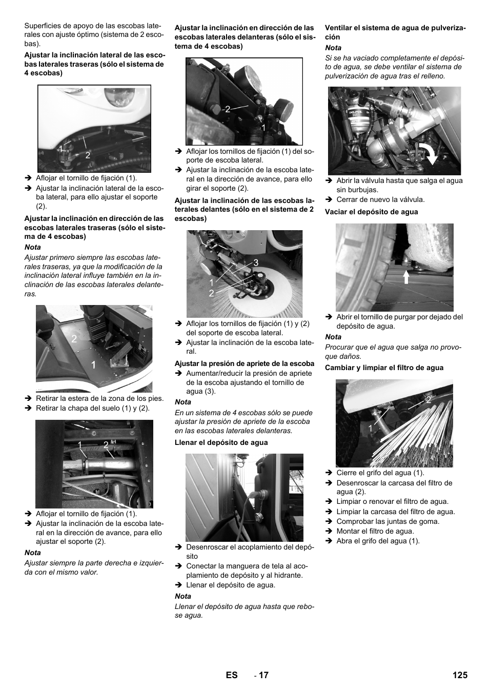 Ajustar la presión de apriete de la escoba, Llenar el depósito de agua, Ventilar el sistema de agua de pulverización | Vaciar el depósito de agua, Cambiar y limpiar el filtro de agua | Karcher ICC 2 D ECO 2SB STAGE IIIa User Manual | Page 125 / 328