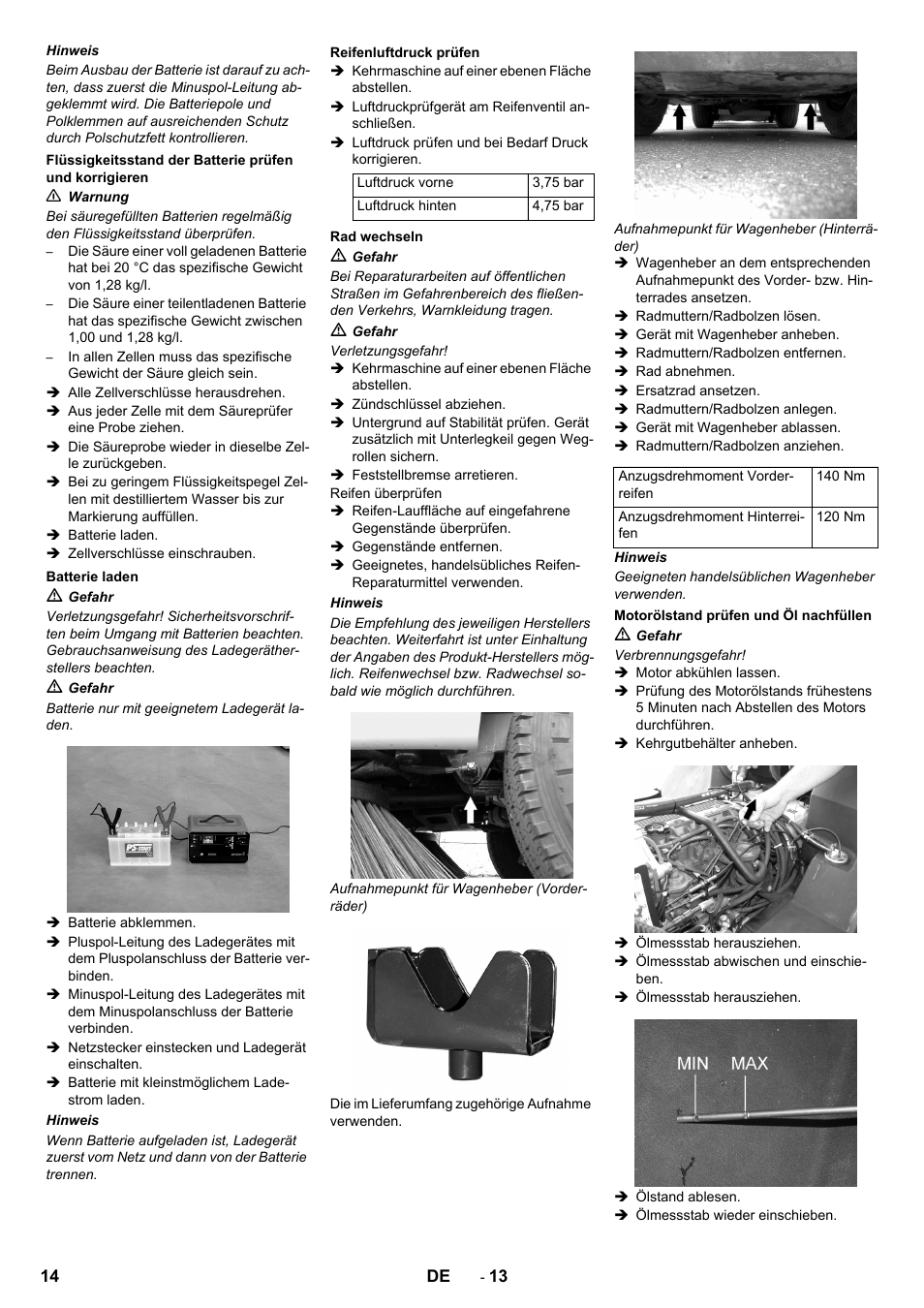 Batterie laden, Reifenluftdruck prüfen, Rad wechseln | Motorölstand prüfen und öl nachfüllen | Karcher ICC 2 D ECO 2SB STAGE IIIa User Manual | Page 14 / 328