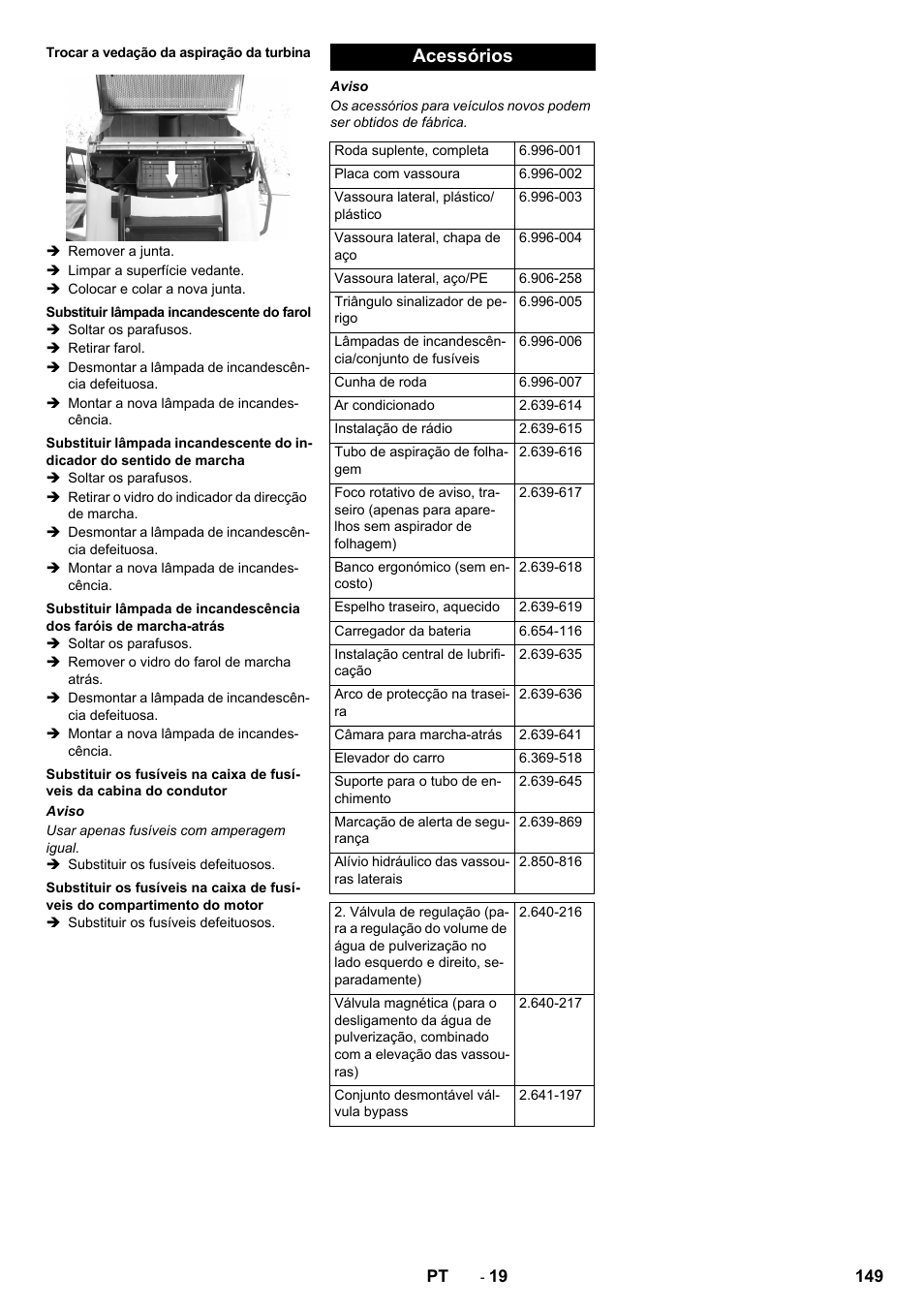 Trocar a vedação da aspiração da turbina, Substituir lâmpada incandescente do farol, Acessórios | Karcher ICC 2 D ECO 2SB STAGE IIIa User Manual | Page 149 / 328