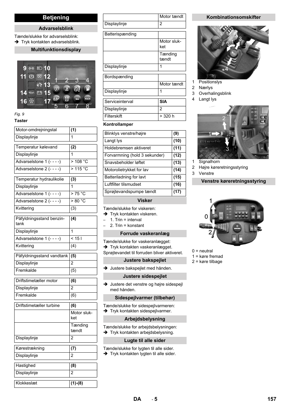 Betjening, Advarselsblink, Multifunktionsdisplay | Taster, Kontrollamper, Visker, Forrude vaskeranlæg, Justere bakspejlet, Justere sidespejlet, Sidespejlvarmer (tilbehør) | Karcher ICC 2 D ECO 2SB STAGE IIIa User Manual | Page 157 / 328