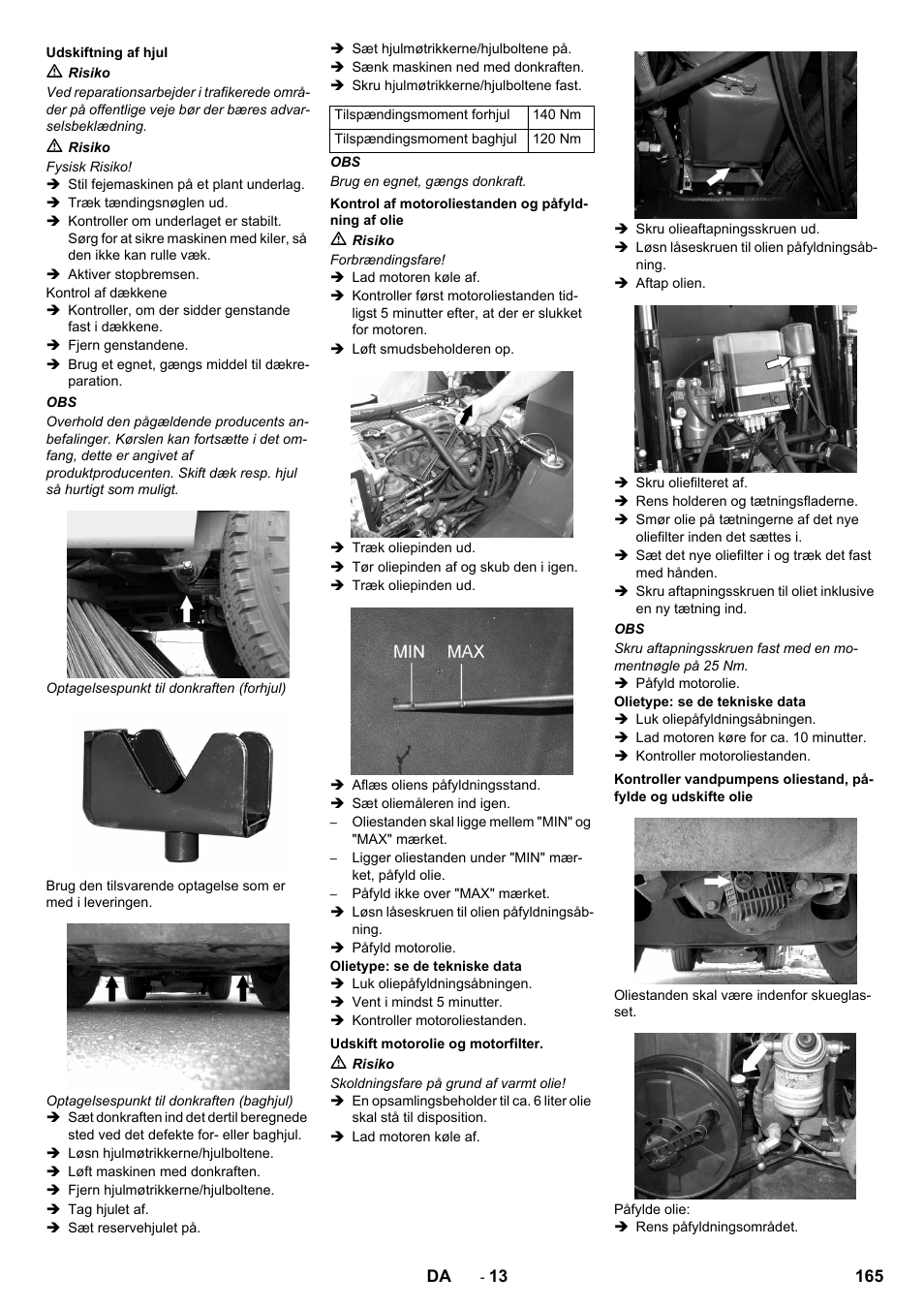 Udskiftning af hjul, Kontrol af motoroliestanden og påfyldning af olie, Udskift motorolie og motorfilter | Karcher ICC 2 D ECO 2SB STAGE IIIa User Manual | Page 165 / 328