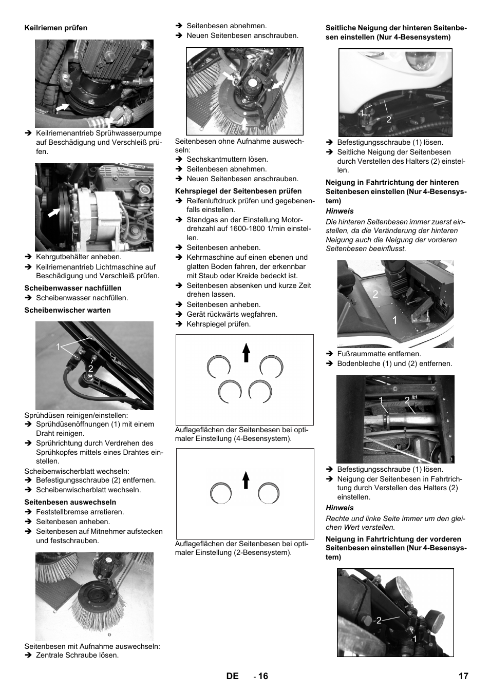 Keilriemen prüfen, Scheibenwasser nachfüllen, Scheibenwischer warten | Seitenbesen auswechseln, Kehrspiegel der seitenbesen prüfen | Karcher ICC 2 D ECO 2SB STAGE IIIa User Manual | Page 17 / 328