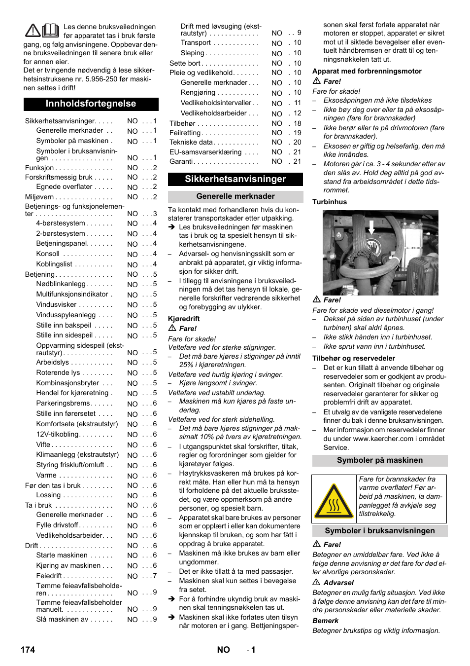 Norsk, Innholdsfortegnelse, Sikkerhetsanvisninger | Generelle merknader, Kjøredrift, Apparat med forbrenningsmotor, Turbinhus, Tilbehør og reservedeler, Symboler på maskinen, Symboler i bruksanvisningen | Karcher ICC 2 D ECO 2SB STAGE IIIa User Manual | Page 174 / 328