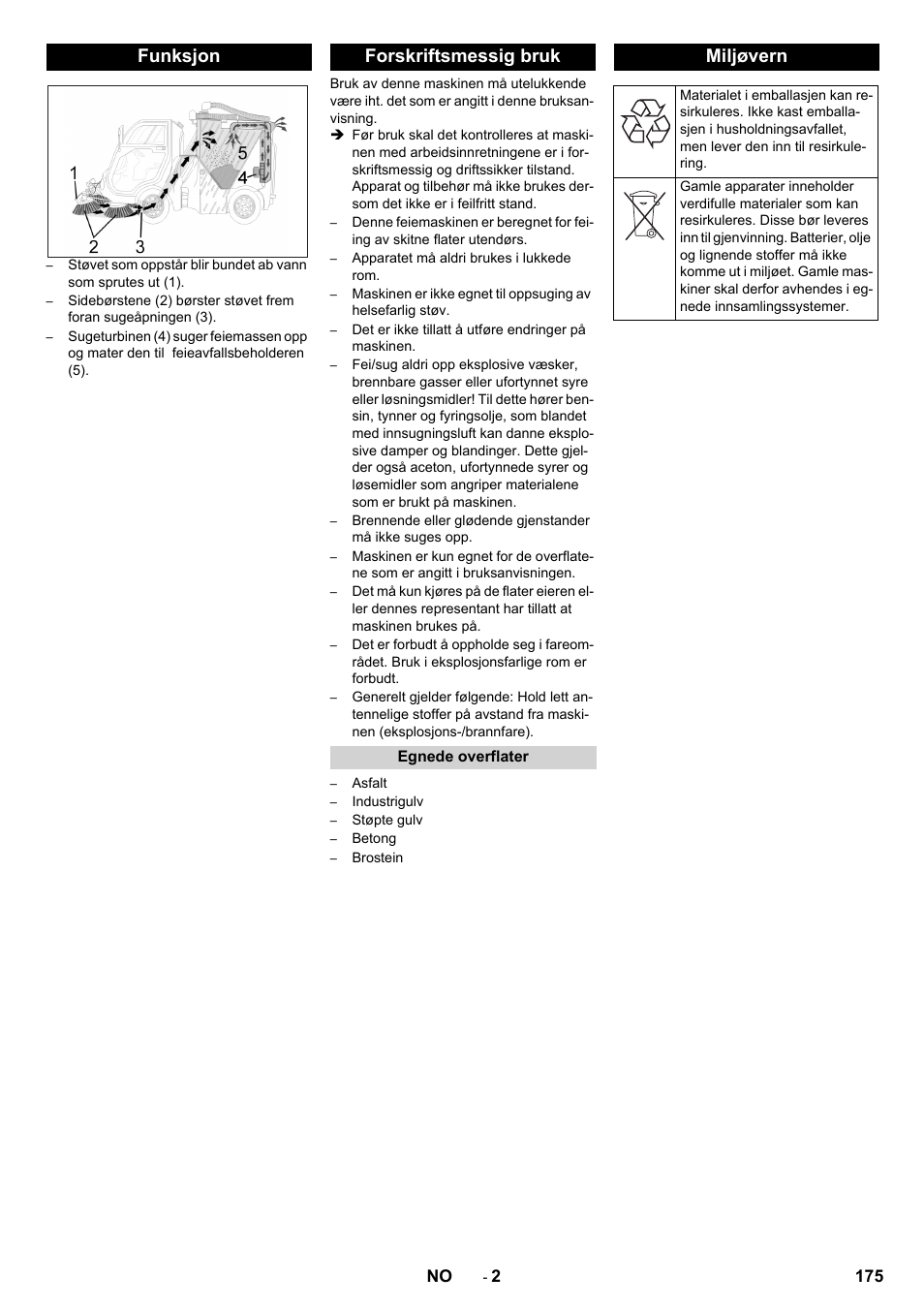 Funksjon, Forskriftsmessig bruk, Egnede overflater | Miljøvern, Funksjon forskriftsmessig bruk | Karcher ICC 2 D ECO 2SB STAGE IIIa User Manual | Page 175 / 328