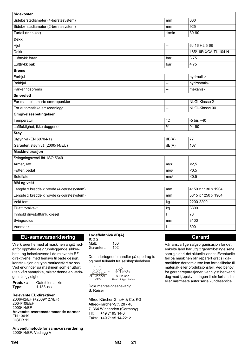 Eu-samsvarserklæring, Garanti | Karcher ICC 2 D ECO 2SB STAGE IIIa User Manual | Page 194 / 328