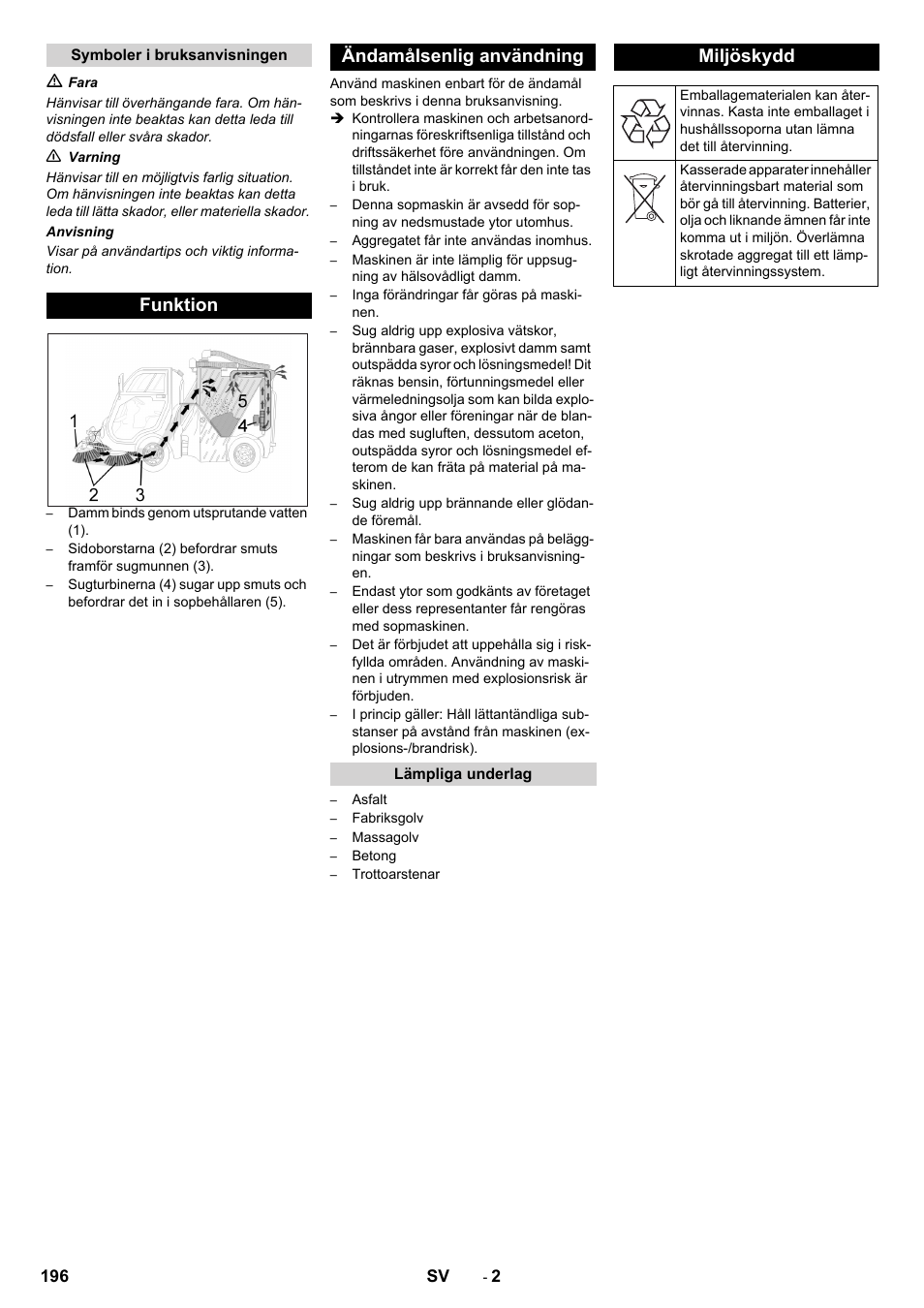Symboler i bruksanvisningen, Funktion, Ändamålsenlig användning | Lämpliga underlag, Miljöskydd, Funktion ändamålsenlig användning | Karcher ICC 2 D ECO 2SB STAGE IIIa User Manual | Page 196 / 328
