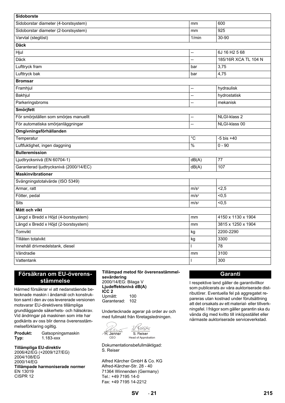 Försäkran om eu-överensstämmelse, Garanti, Försäkran om eu-överens- stämmelse | Karcher ICC 2 D ECO 2SB STAGE IIIa User Manual | Page 215 / 328